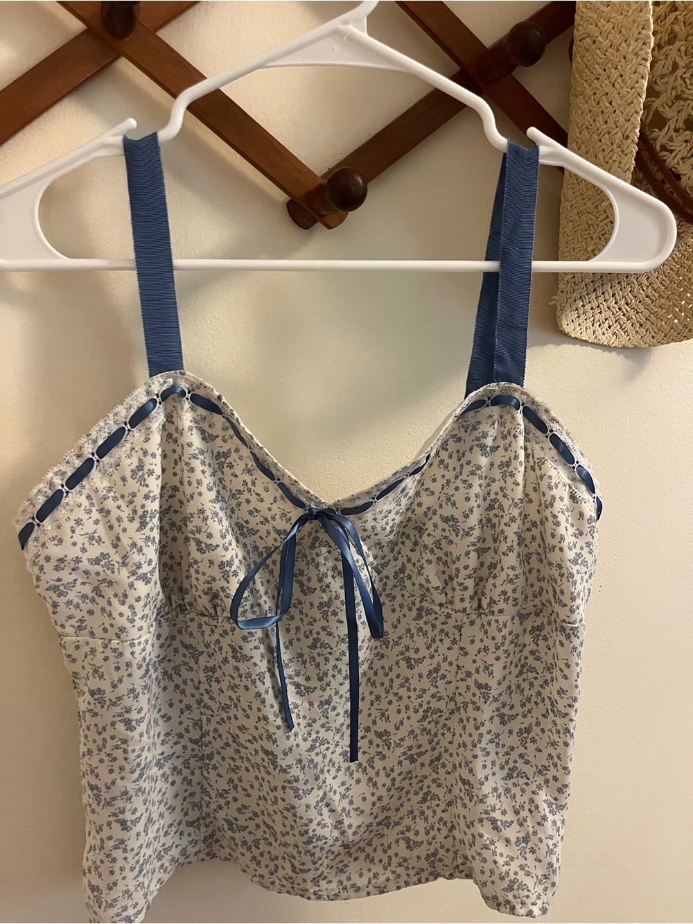 Sienna Sky Blue and Cream Floral Ribbon-Trim Tank Top